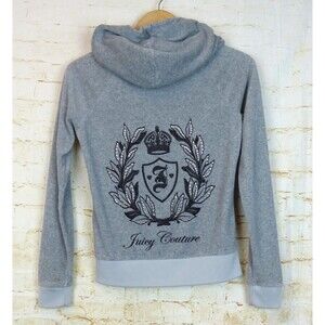 Juicy Couture Hoodie Womens XS Gray Velour Rhinestone Jeweled Crest Zip Y2K